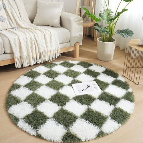 Lifup Tappeto Shaggy a Scacchi, Tappeto Rotondo Peloso Soggiorno, Antiscivolo Lavabile Morbido e Spesso per Camera da Letto, Cameretta Verde e bianco 2 80 x 80 cm
