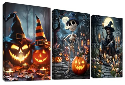 3 Pcs Wooden Framed Canvas Wall Art Halloween Pumpkins Canvas Prints Old Castle Scary Witches Painting Creepy Gothic Pictures for Living Room Bedroom Bathroom Hallway Wall Decor 30x40 cm x3pcs