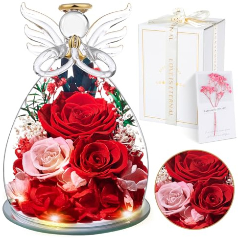 Touloube Gifts for Women Preserved Rose Forever Flower in Glass Angel Figurine Preserved Fresh Flowers for Delivery Prime Mothers Day Birthday for Mom Grandma Wife Sister
