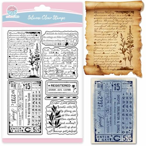 GLOBLELAND Sello transparente con fondo vintage para scrapbooking textura de texto sello de silicona plantas retro sello transparente para diseño de tarjetas DIY repujado diario