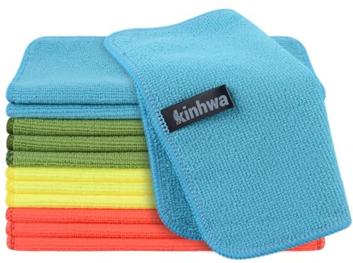 KinHwa 12 Stück Microfasertücher Allzwecktücher ，Wiederverwendbare Mikrofasertuch ReinigungstüCher, Sehr Saugfähig, Fusselfrei, Scratch Frei，100% Mikrofaser Mehrfarbig zur Unterscheidung der Anwendun