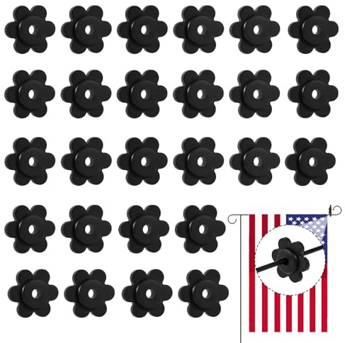 Tinoaly 40 Unidades Tapones de Goma para Banderas de Jardín, 3,2x3x0,65cm Forma Flor Seis Pétalos Anillos Goma para Soportes y Soportes Banderas Jardín Resistentes Intemperie Las Caídas (Negros)