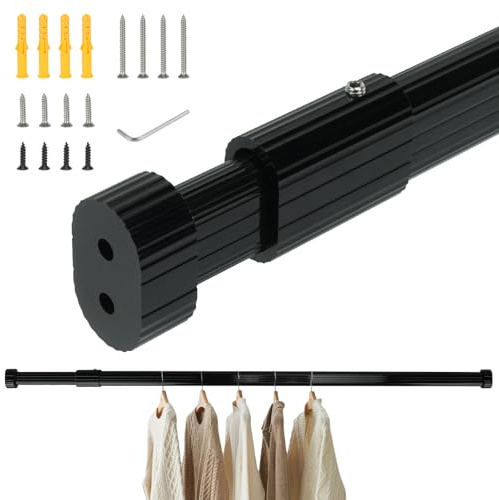 VirtuGro Barra Armario Extensible 70KG de Resistencia Barra para Colgar Ropa Grueso para Armario de Dormitorio Lavandería (Negro, 58-98cm)