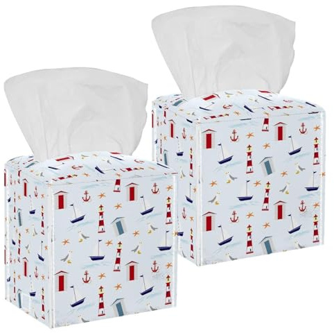 2PCS Square Tissue Box Cover, Lighthouse Starfish Boat Leather Tissue Case Facial Paper Organizer Dispenser for Vanity Toilet Tank Dresser Night Stand Table Countertop Office Car