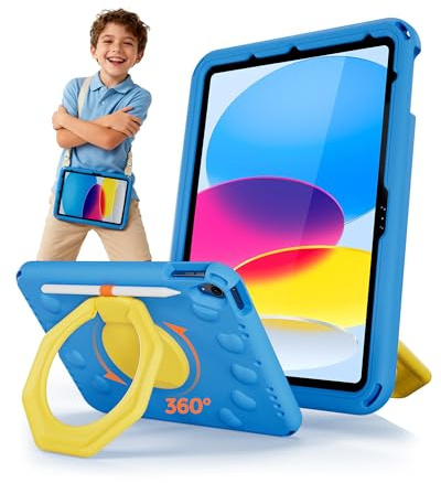 ProCase Stötdämpande fodral med pennhållare, stödhandtag, axelrem – För barn – För iPad A16 11:e generation/iPad 10:e generation 11/iPad Air 11 M2 M3/Air 5:e/Air 4:e generation – Blå och