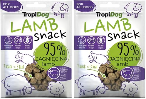 Friandise monoprotéinée 95% Agneau, sans céréales, idéale pour l’entraînement et la détente. Soutient l’hygiène buccale - TropiDog Snack Lamb 70g (Lot de 2)
