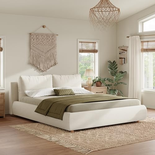 Merax 4FT6 Double Bed Frame, Cloud-Style Upholstered Ottoman Bed with Boucle Fabric, Lift-Up Storage Frame with 2 Cushions and Removable Covers, Warm White, 135 x 190 cm
