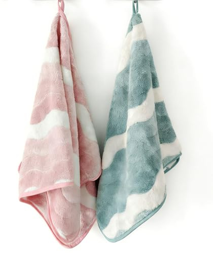rexinwadfu Microfibre Soft Hand Towels, Quick Dry 35 x 75cm Guest Towels, Super Water Absorbent Towel Set for Bathroom Or Kitchen, Pink Green Small Washcloths, 2 Pack