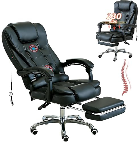 HIHOBDAY Office Desk Chair,Big & Tall Leather Gaming Chair with Footrest,Wide Ergonomic Comfy Executive High-Back Reclining Computer Chair,2-Point Massage,360° Swivel Wheels & Lumbar Support,Black