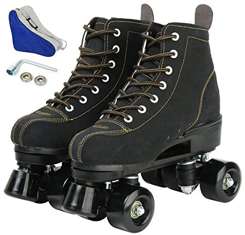 wilverz Roller Skates Double Row Skates Adjustable Four-Wheel Roller Skates for Outdoor, Size 4.5/5.5/6.5/7/7.5/8/8.5/9.5/10.5 (Black,42=UK:8)