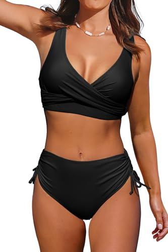 Beachsissi baddräkter med hög midja, bikiniset med korsade band, 2-delad baddräkt med snörning, Svart, L