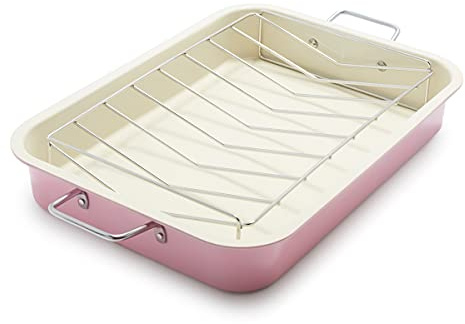 GreenLife 16.5” x 12” Healthy Ceramic Nonstick Roasting Pan with Stainless Steel Roaster Rack, PFAS-Free, PFOA-Free, Dishwasher Safe, Oven Safe, Easy Pouring Rims, Soft Pink