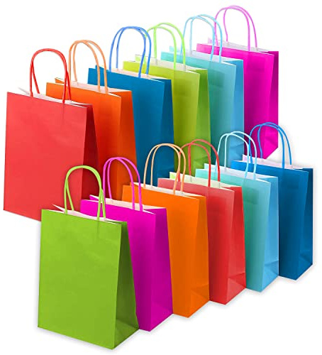 AFR PACKAGING 48 Pcs Kraft Paper Party Bags, 6 Colors 120gsm Gift Goody Bags with Twisted Handles for Kids & Adults, Birthdays, Weddings, Events & Shopping
