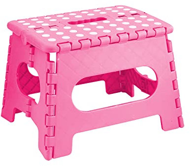 Folding Step Stool - 9 Inch, Pink, Plastic Foldable Stepping Stool with Non-Slip Feet, Lightweight Portable Footstool with Carrying Handle for Kitchen, Bathroom, Garden & Outdoor