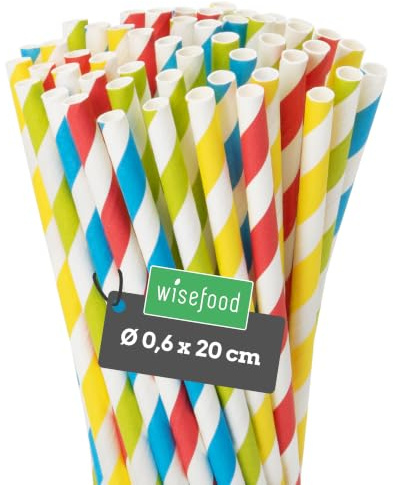 wisefood Papperssugrör, 200 st. (2 x 100 st.) färgglada sugrör, Ø 6 mm x 20 cm, fri från PLA/PE, biologiskt nedbrytbara engångssugrör av robust papper