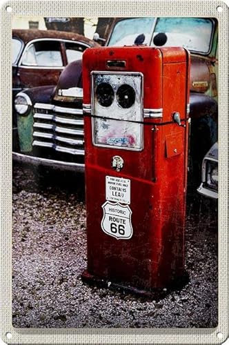 Targa in metallo, 30 x 20 cm, Route 66, motivo: colonna del serbatoio in rosso, DekoNo7