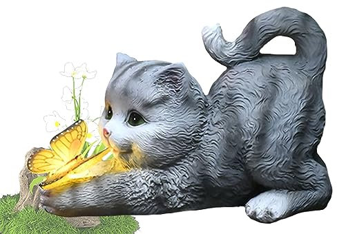 Tuzsocr Statue de Chat à énergie Solaire,Papillons Lampes solaires pour extérieur,Figurine de d'animal décorative pour Jardin,Sculpture en résine étanche,Éclairage LED,pour Pelouse,Terrasse (Style 1)