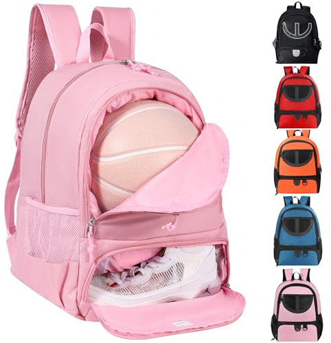 TRAILKICKER Basketball Bag Backpack for Women with Ball & Shoes Compartment 30L Capacity Lightweight Breathable Girls Soccer Ball Bag Backpack Fit Volleyball Football Sports Travel School Gym Pink