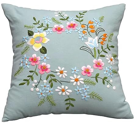 Stickset, Kissenbezug, Kissenbezug, Bastelsets für Erwachsene, Anfänger, Handstickerei-DIY-Set, Nähkissenbezug mit Blumenmustern und Stickrahmen ohne Kisseneinsatz