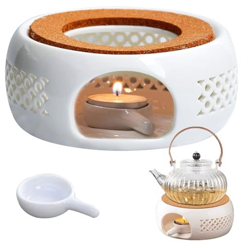 KIKVTER värmare, värmare för tekanna, keramisk värmeljusvärmare, värmare/keramik med korstöd, vit tevärmare, ihålig snidad design med sked, värmeljusugn för värmebevarande av te och kaffe lämplig