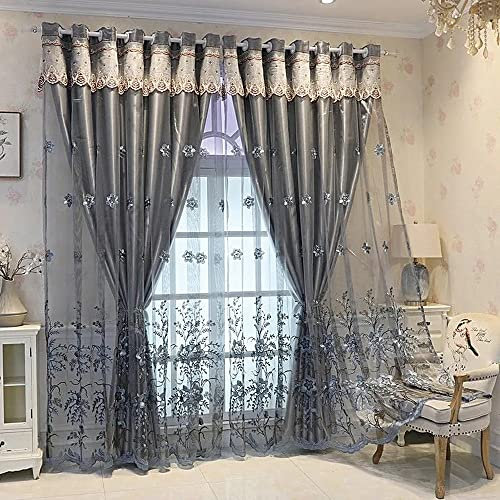 Amidoudou 1 Pair European Double Layer Curtains for Living Room Bedroom Luxury Flower Embroidered Blackout Curtains with Valance (Grey,66 x 90 Inch)