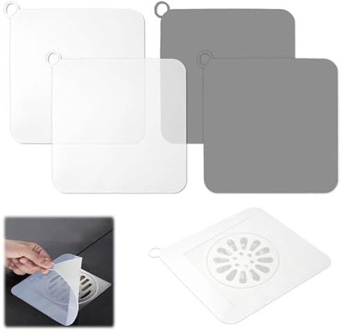 4 Pezzi Tappo per Scarico in Silicone Antiodore, 20×20cm Tappi Lavandino in Silicone Quadrato, Protettore di Scarico Cucina, Tappo di Tenuta Universale per Cucina, Bagno e Lavanderia (Bianco, Grigio)