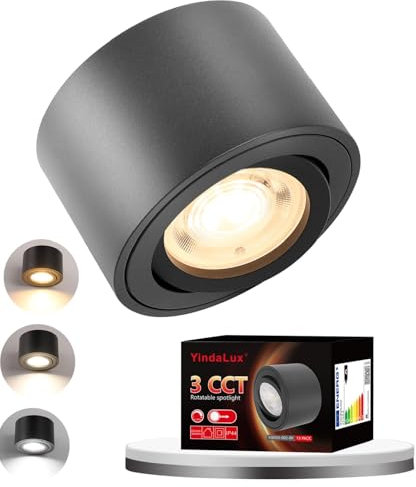 YindaLux 3CCT LED Aufbauspot Schwarz - Extra Flach & 30° Schwenkbar Spots Deckenleuchte - Ø80x50mm - Decke inkl. 5W 500LM Dimmbar LED Modul 230V - Deckenspots, Deckenstrahler Aufbaustrahler