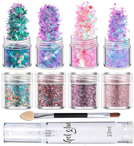 Face Glitter Festival, 8 Color Face Body Glitter Cosmetic Glitter, Hair Glitters with Glue and Brush for Face and Body Makeup, Festival and Party Beauty Makeup (8PC)