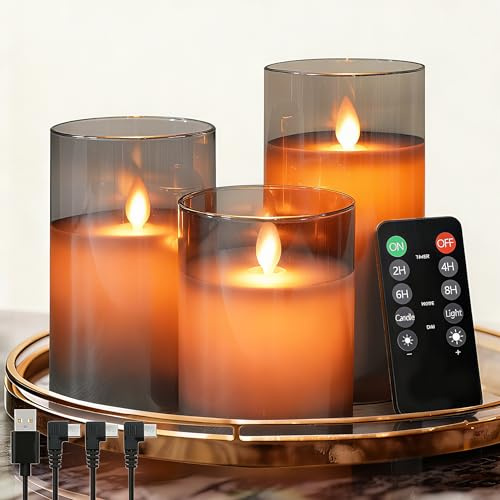 NICE POINT Bougies LED Rechargeables Flamme Vacillante Sans Fil, Télécommande Minuterie 2/4/6/8h, 5 Luminosités, Lot de 3 Bougies en Verre Transparent Gris, Décoration Noël Sapin Table