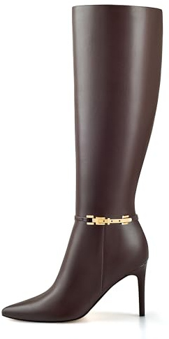 MIRAAZZURRA Botín de mujer con tacón Stiletto, botas largas de punta fina, botas de tacón alto, botas de mujer hasta la rodilla, botas altas, botas de PU para oficina, citas, viajes, marrón, 40 EU
