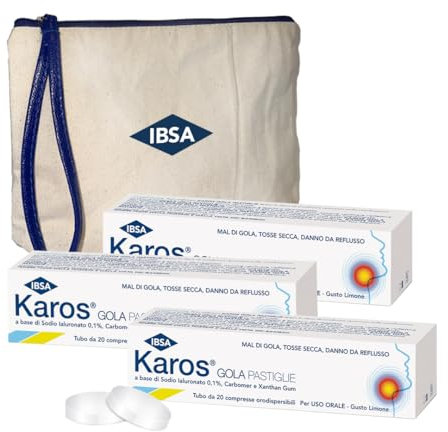 Karos Gola Pastiglie Promo Multipack + Pochette in Omaggio | Compresse a base di acido ialuronico per Mal Di Gola, Tosse Secca e Difficoltà Di Deglutizione