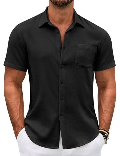 COOFANDY Chemise Homme Manches Courtes Été Légère Chemises Regular Fit Plage Lin Hommes Décontractées Poche Poitrine Noir L