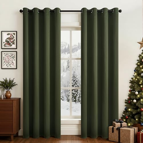 Topfinel Verdunkelungs vorhänge, Thermo vorhänge, hitzebeständig und geräuschreduzierend, für Wohn- und Schlafzimmer, moderner Stil, Olivgrün, 2er-Pack, H240 x B140 cm(HxB)