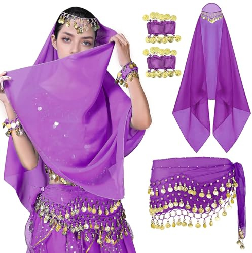 SEAUR Costume da danza del ventre, set di accessori per la danza del ventre, monete, cintura in chiffon, bandana, costume da donna, taglia unica, Lilla, Taglia unica