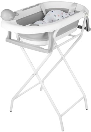 Baignoire Bébé Pliable Sur Pied, Grande Baignoire Pliable avec Support, Thermomètre, Tapis de bain et Kit De Drainage (Gris, 55x40x90 cm)