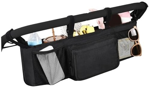 Carrito para cochecito doble, organizador para cochecito doble, carrito plegable de gran capacidad con bolsillos aislados para biberones y artículos esenciales, accesorios para cochecitos negros