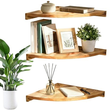 Phytress Floating Corner Shelf | 3-Tier Wooden Rustic Wall Mounted Corner Shelf,Plants Counter Stand,for Bedroom, Kitchen, Living Room, Kids, Plant, Book, Perfume, Staircase, Closet, Bar