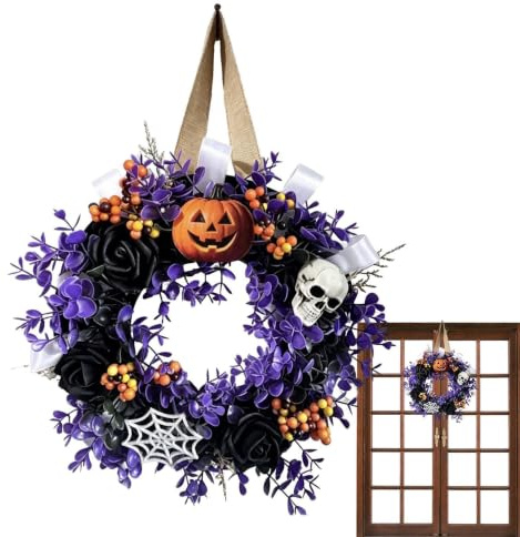 Halloweenkransar för ytterdörr 35,1 Centimeter Konstgjord Skräck Dödskalle | Höstkrans Halloweendekor för Inomhus och Utomhus, Vardagsrummet, Fönster, Vägg, Öppen Spis, Entré, samt