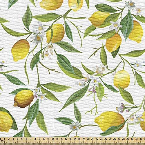 ABAKUHAUS Natur Gewebe als Meterware, Zitrone Woody Romantisch, Schön Gewebten Stoff für Polster und Wohnaccessoires, 1M (148x100cm), Farngrün Gelb Weiß