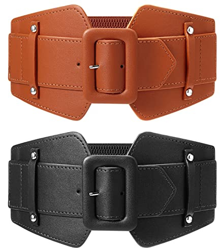 Geyoga 2 Pcs Women Wide Elastic Waist Belts for Dress Corset Vintage Chunky Stretchy Cinch Belt Ladies Waistband(Black, Brown)