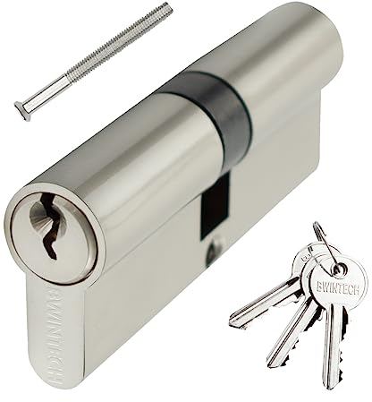 Bwintech 1 pieza 35/35mm Euro Latón Cilindro, cerradura de llave/cilindro de 70mm con 3 llaves de latón estándar, antirrobo, antiperforación, antigolpes, níquel satinado