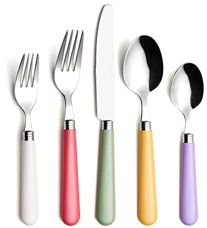 ANNOVA Couverts de table en acier inoxydable 20 pièces - 4 x couteau de table ; 4 x fourchette de table ; 4 x fourchette à salade ; 4 x cuillère de table ; 4 x cuillère à dessert (Mélange de couleurs)