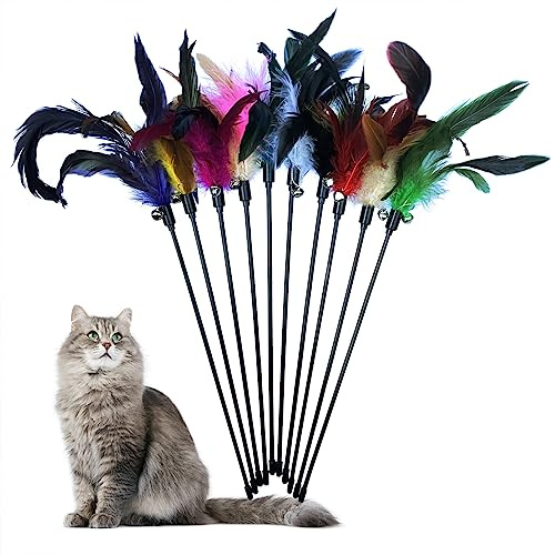 YUBONUS 10-Pack Cat Feather Wand Toys with Bell, Natural Feather Interactive Teaser for Indoor Kittens Friendly Cat Toy