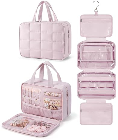 BAGSMART Hanging Toiletry Bag with Jewellery Compartment, Travel Bag for Toiletries, Puffy Makeup Cosmetic Organiser, Carry-on Travel Accessories Essentials, Pink-M