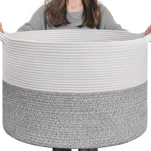 TIMEYARD 85L Large Blanket Basket Toy Storage Basket with Handles Grey | 55x35cm Cotton Rope Basket for Blankets, Pillows, Clothes and Toys. Practical Storage for Living Room and Bedroom