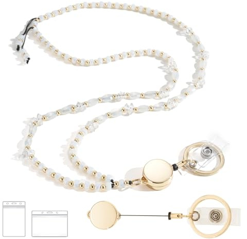 LENYNAL Lanyards for ID Badges and Keys, Retractable Beaded Lanyards for Women, Cute Teacher Lanyard Cream Crystal White