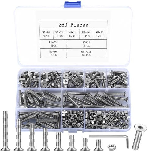 260 Pcs M5 Bolts Set, Flat Head Hex Socket Head Cap Bolts and Nuts Set, Countersunk Screws, Stainless Steel Machine Screws Nuts Assortment Kit (M5)