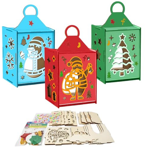 DKINY 3 Kits Bricolage Lanterne Noël en Bois à Colorer avec Autocollants Noel en Mousse pour Enfants Activités Manuelles Noel Loisir Créatif d'Hiver DIY Décoration