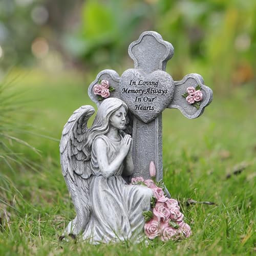 Xevinas Ange solaire - Décoration de jardin - Pour l'extérieur - Résistant aux intempéries - LED - Statues de jardin - Décoration funéraire résistante aux intempéries - En résine - 11,7 x 10,4 x 20 cm