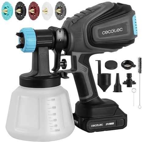Cecotec Pistola de Pintura a Batería TotalPaint 4000 Liberty. Precisión de 14kPa, Incluye 5 Boquillas, Contenedor de 1200ml, Caudal Máximo 800ml/min, Incluye 5 Boquillas y Accesorios